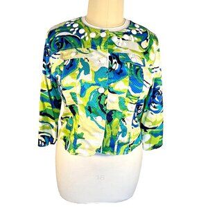 Linear Blazer Women's XL Spring Abstract Floral 3/4 Cuff Sleeve Bead Embellished